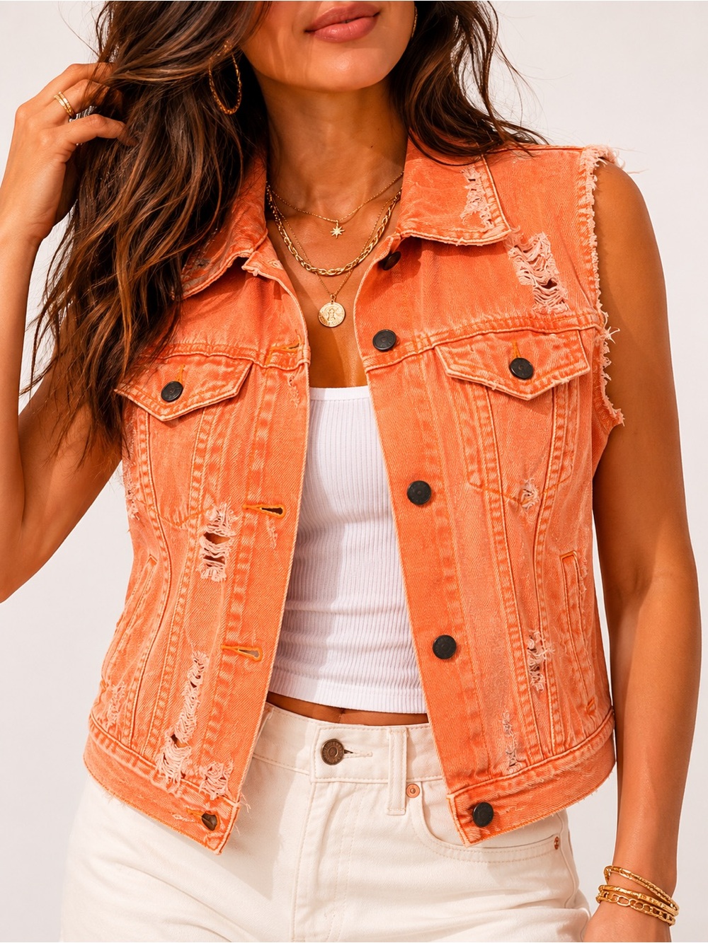 Ralph Lauren Orange Distressed Denim Vest M Y2K Festival Western